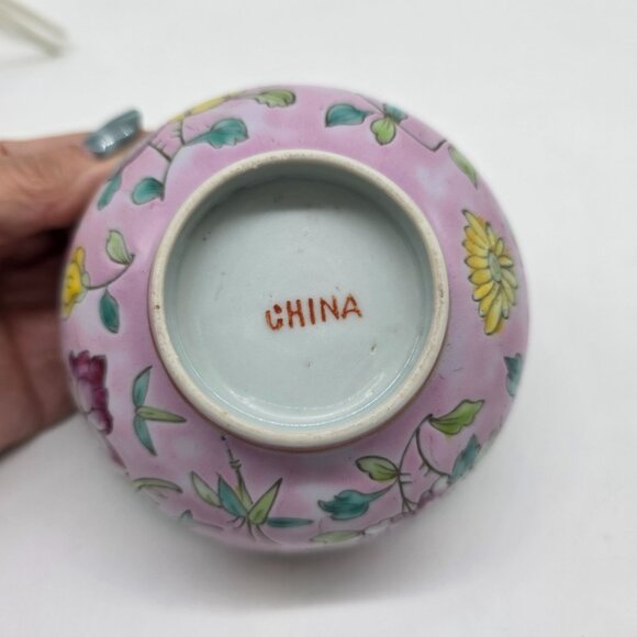 Vintage Chinese Hand Painted Cloisonne Pink Floral Bowl 4.5" - Picture 8 of 8